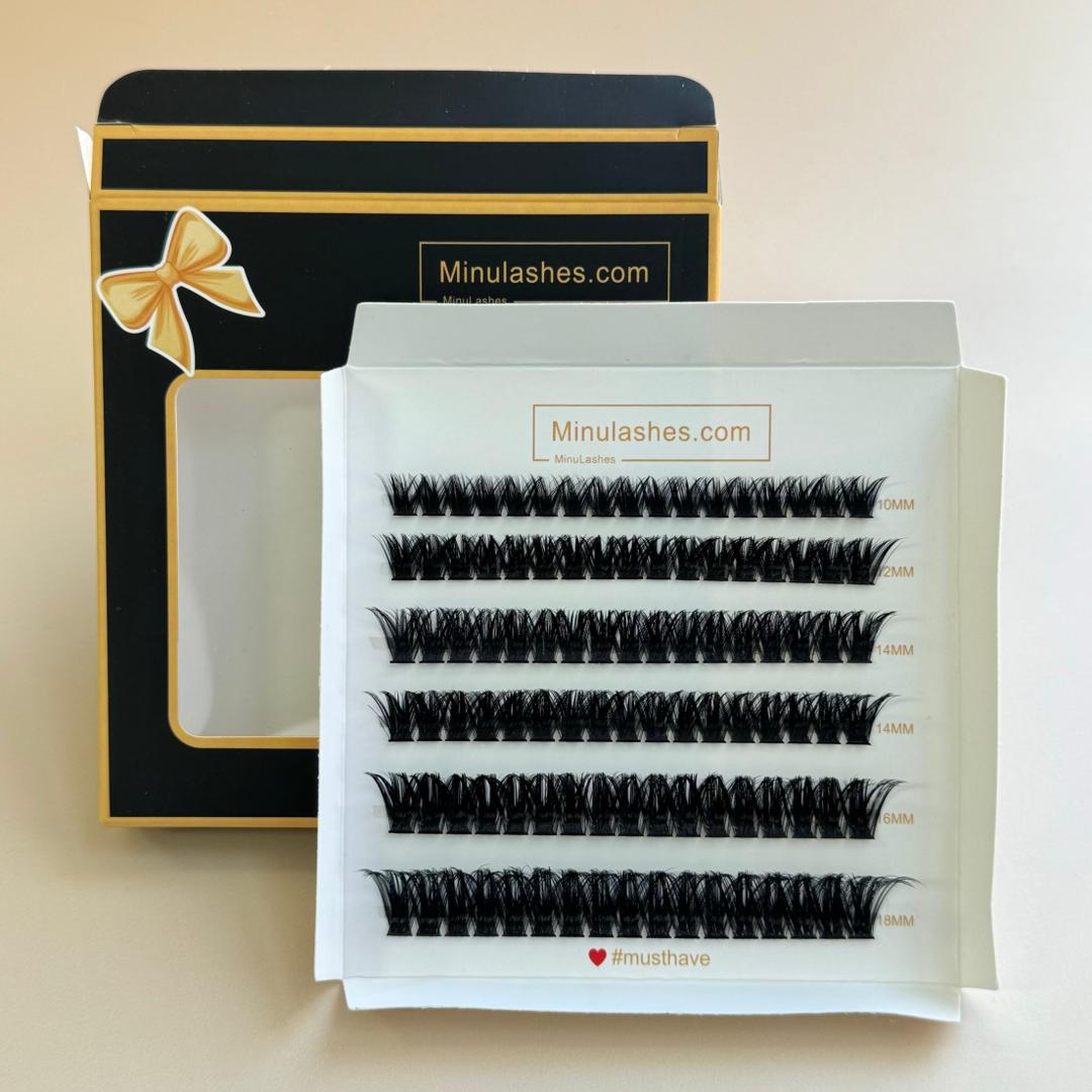MinuLashes DIY Lash Clusters - Volume 0.03 Vein - 102 Pieces (10mm, 12mm, 14mm, 16mm, 18mm) + brush