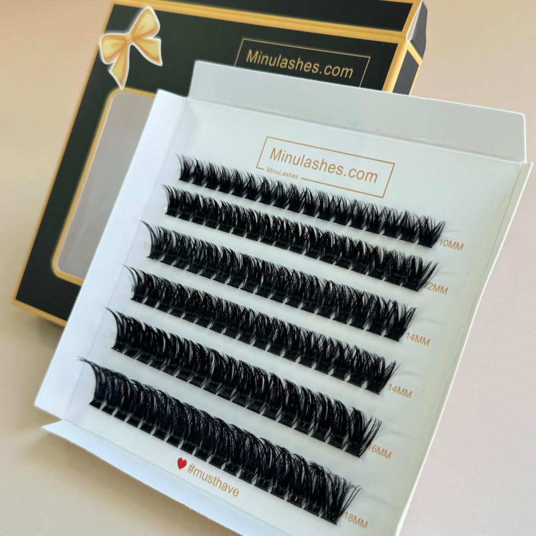 MinuLashes DIY Lash Clusters - Volume 0.03 Vein - 102 Pieces (10mm, 12mm, 14mm, 16mm, 18mm) + brush