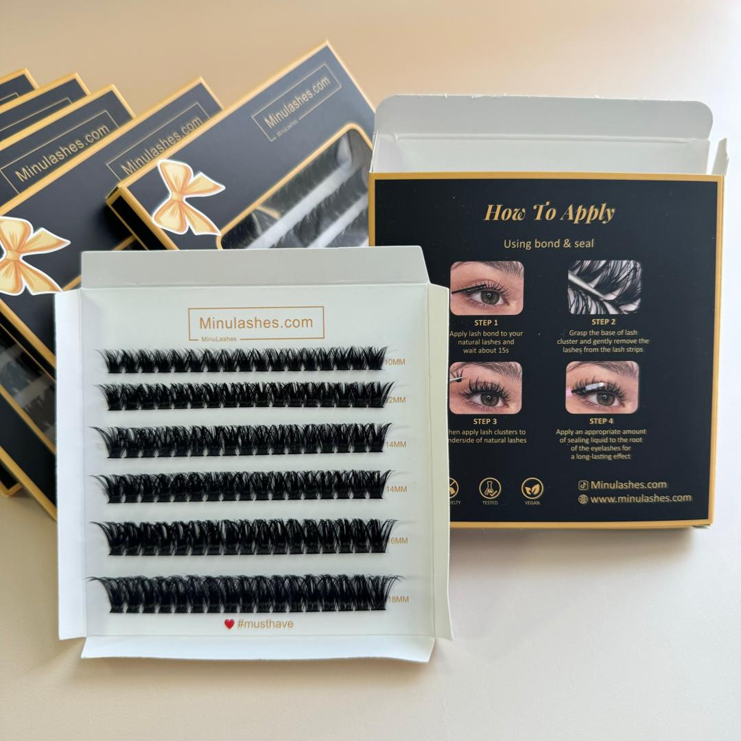 MinuLashes DIY Lash Clusters - Volume 0.03 Vein - 102 Pieces (10mm, 12mm, 14mm, 16mm, 18mm) + brush