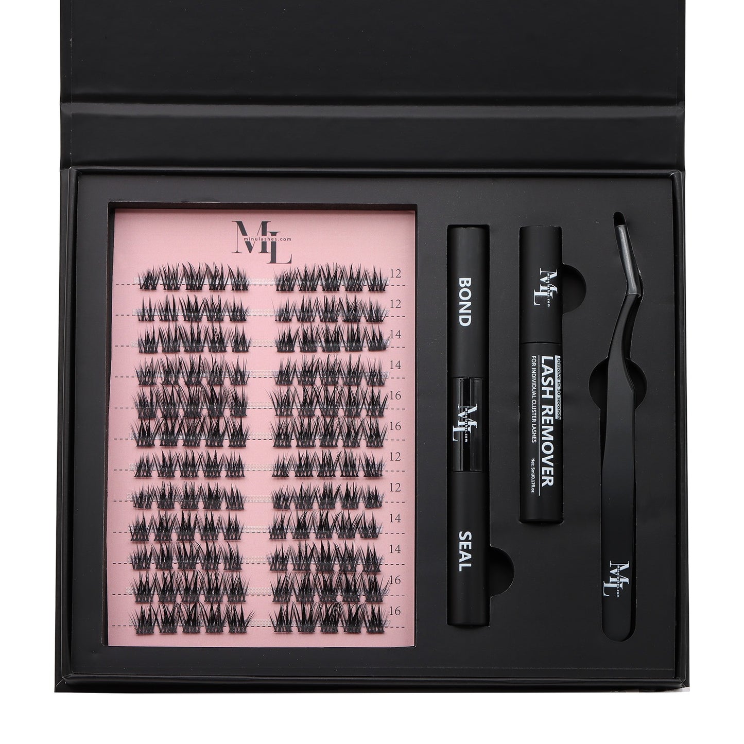 DIY Lash Extension Kit – Cluster Lashes with Bond & Seal, Lash Remover & Tweezers (Black Edition) by MinuLashes